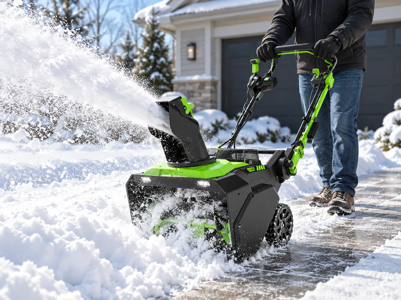 Illustrative cordless snow machine clearing a small driveway