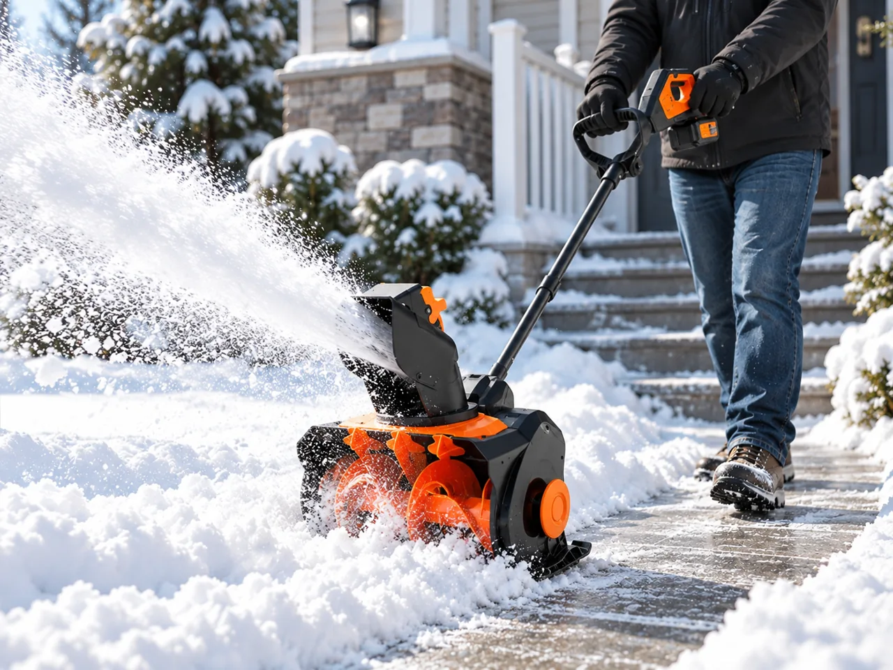 Illustrative cordless snow tool in use near a home entrance