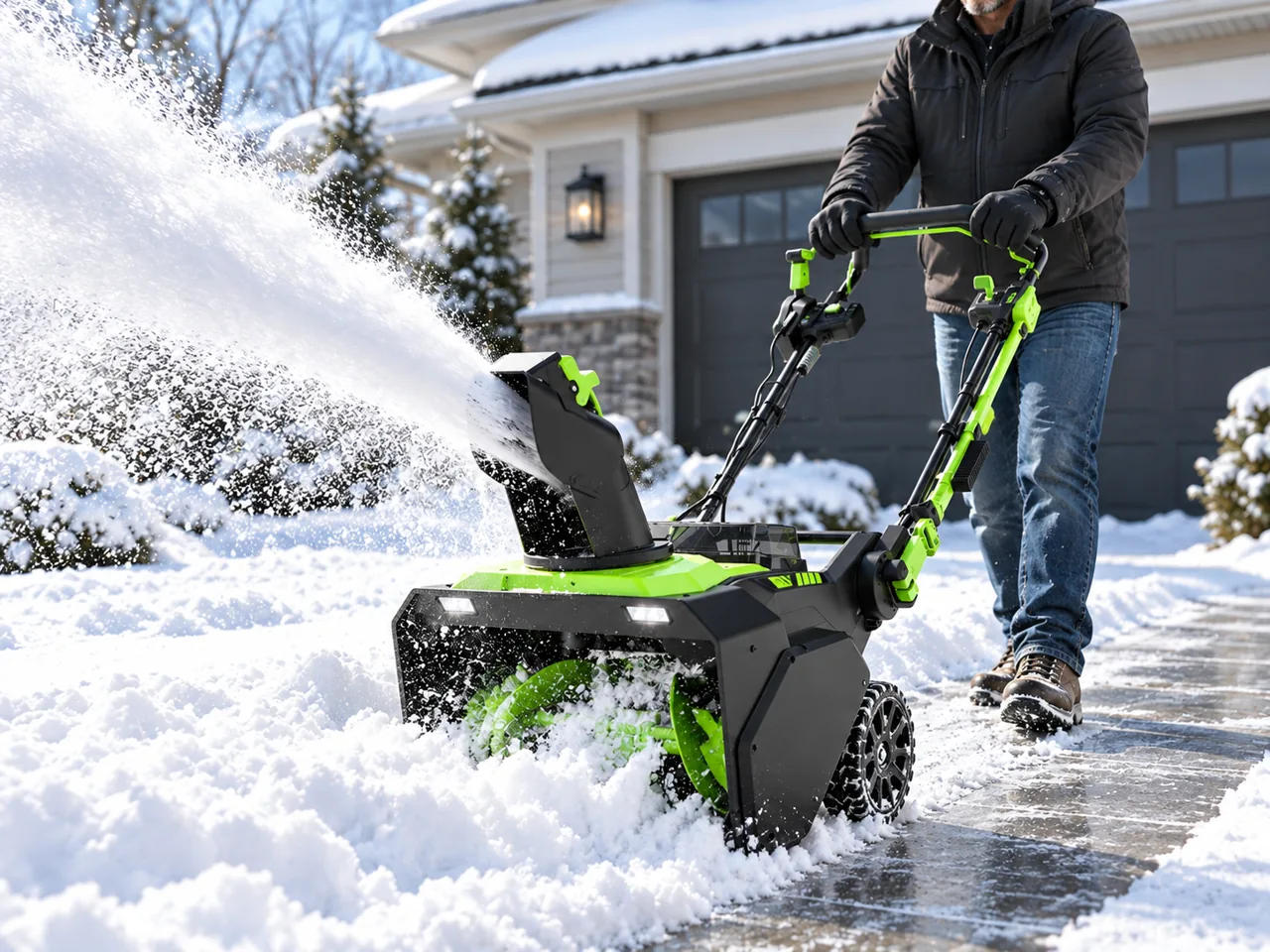 Illustrative cordless snow clearing scene on a garden path