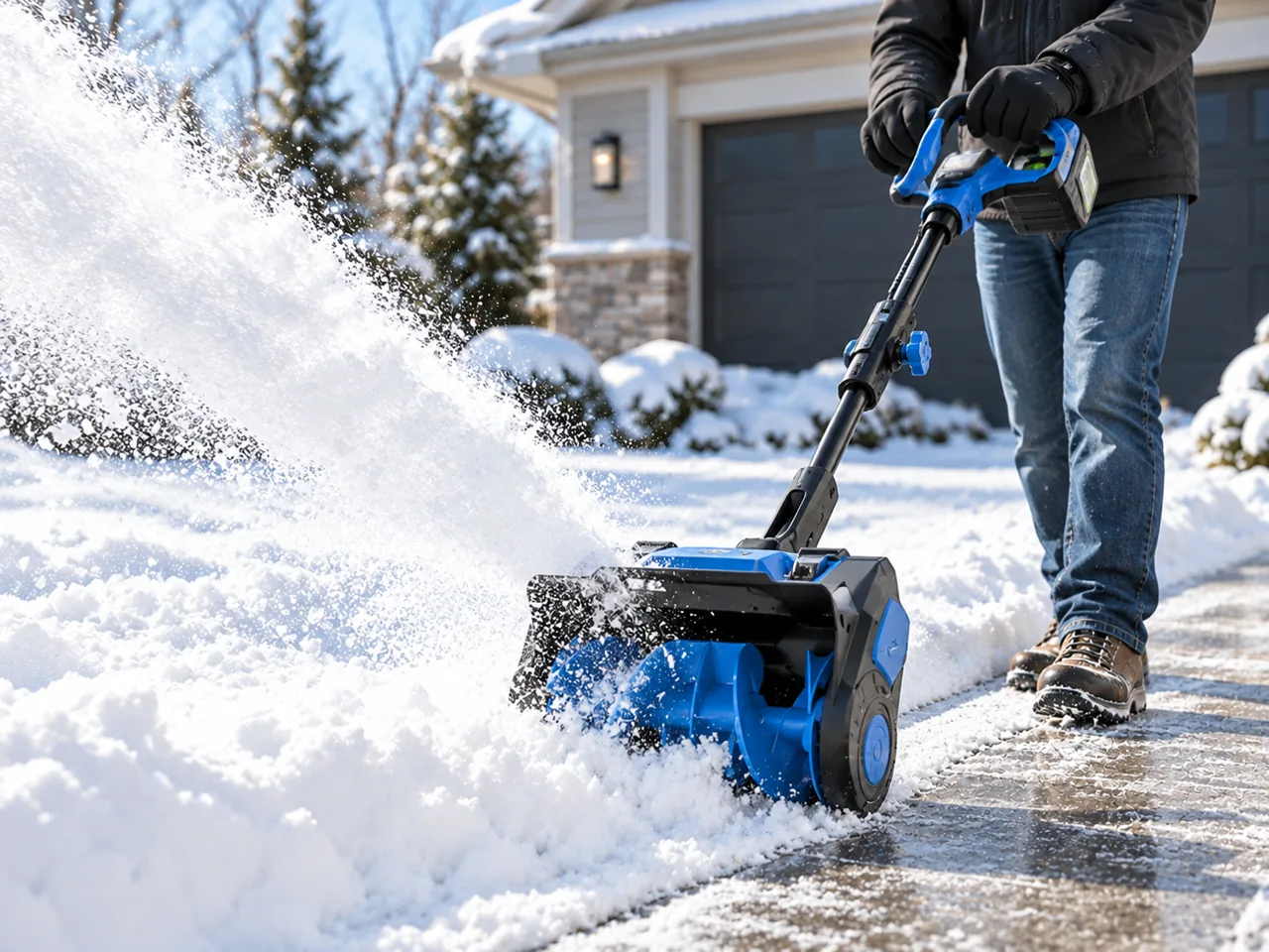 Illustrative cordless snow tool clearing a residential walkway