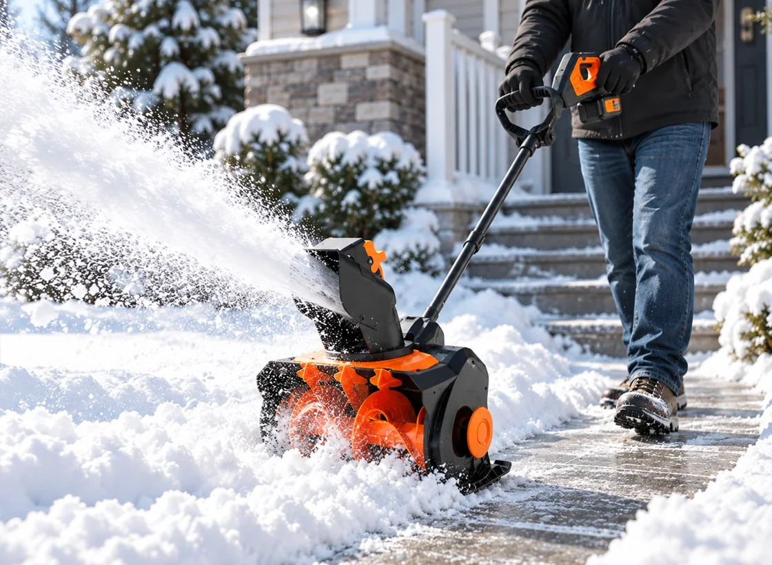 Illustrative electric snow equipment clearing snow in a residential setting